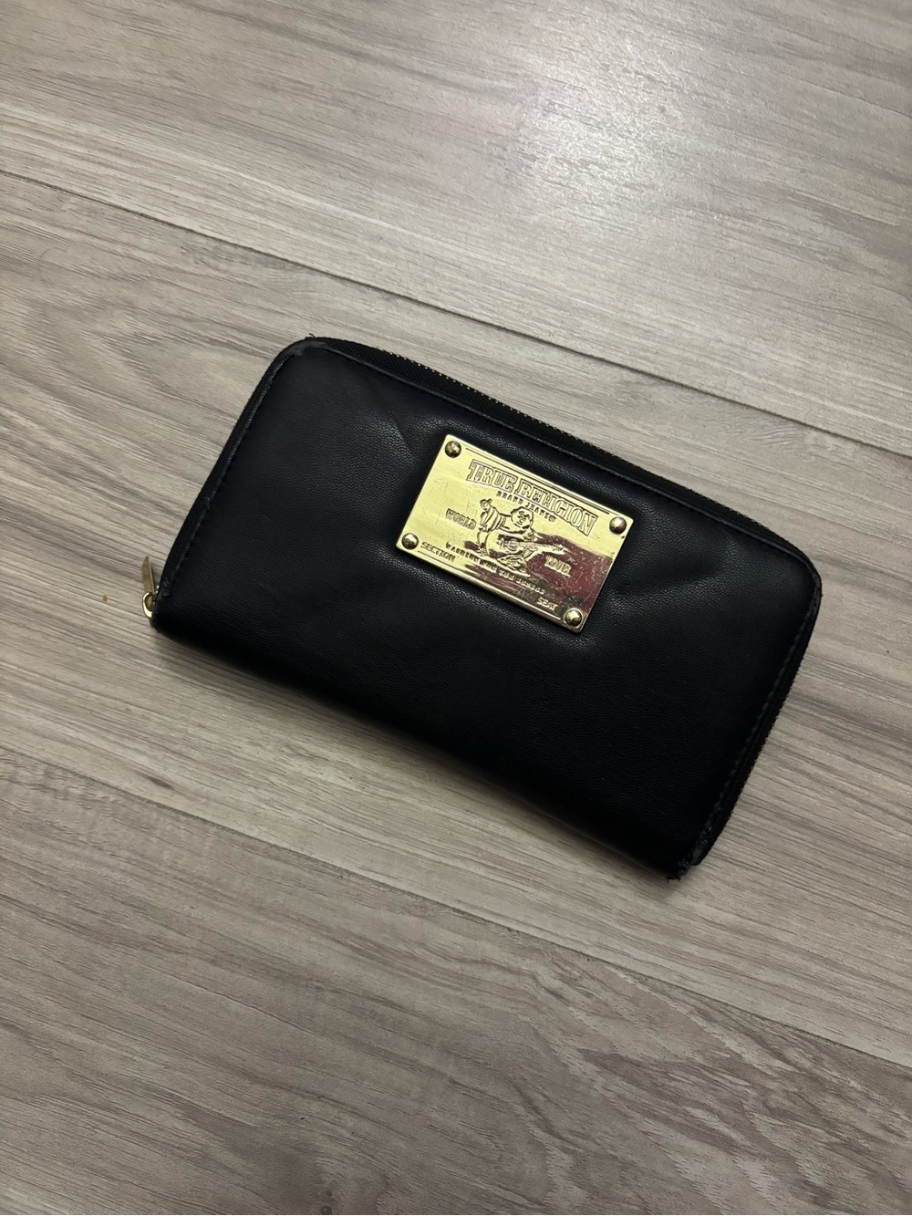 True Religion Black Zip-Around Wallet with Gold Plaque